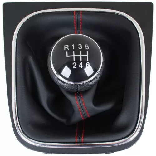 VW Golf V 03-08 sebességváltó gomb + FEKETE gumiharmonika PIROS szállal és KRÓM kerettel 6 SEBESSÉG