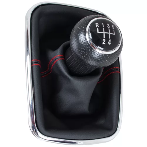 VW Golf IV 97-03 sebességváltó gombfej + porvédő gumiharmonika PIROS szállal és KRÓM kerettel 5 SEBESSÉG FURAT 12MM