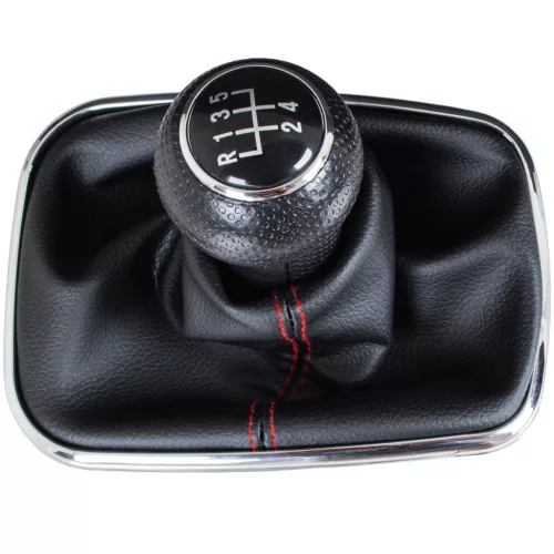 VW Golf IV 97-03 sebességváltó gombfej + porvédő gumiharmonika PIROS szállal és KRÓM kerettel 5 SEBESSÉGES FURAT 23MM