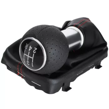   Audi A3 I 8L 96-03 sebességváltó gombja FEKETE + FEKETE PORVÉDŐ HARMONIKA PIROS VARRÁSSAL, KRÓM GYŰRŰ, 5 SEBESSÉG, HÁTRAMENET LENT