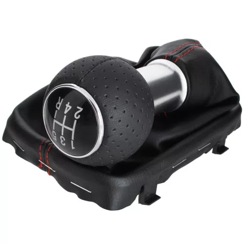 Audi A3 I 8L 96-03 sebességváltó gombja FEKETE + FEKETE PORVÉDŐ HARMONIKA PIROS VARRÁSSAL, KRÓM GYŰRŰ, 5 SEBESSÉG, HÁTRAMENET LENT