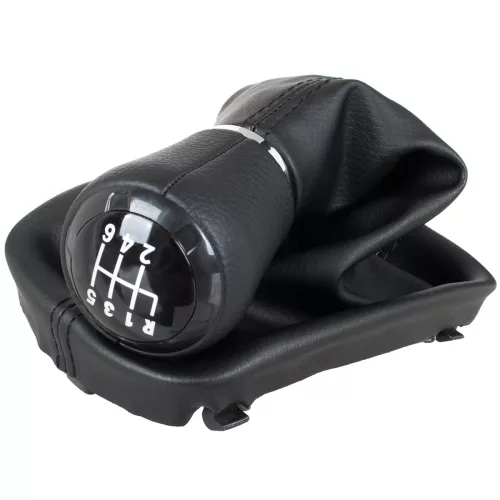 Audi A3 8L 96-03 sebességváltó gombfej FEKETE EKOBŐR 6 SEBESSÉGES + fekete gumiharmonika kerettel, 23 MM LYUK
