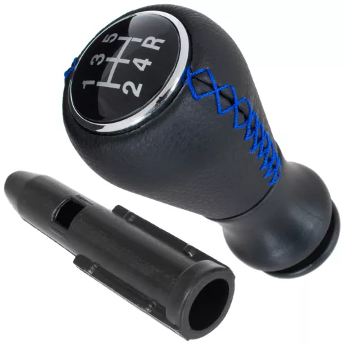 Peugeot 206 / 206+ sebességváltó gombfej FEKETE BŐR + KÉK VARRÁS 5 SEBESSÉG + adapter / átalakító a sebváltókar szárához, gombfejhez 2 db KOMPLETT
