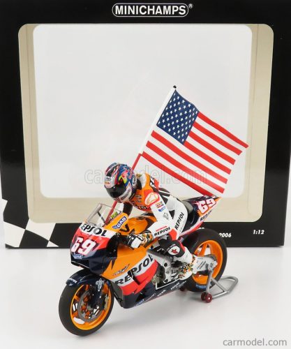 HONDA  RC211V N 69 MOTOGP NICKY HAYDEN 2006 WORLD CHAMPION - WITH FIGURE AND FLAG  BLACK ORANGE YELLOW