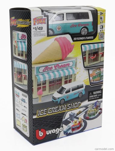 ACCESSORIES  DIORAMA - SET ICE CREAM SHOP WITH VOLKSWAGEN T6 MINIBUS 2018  LIGHT BLUE WHITE