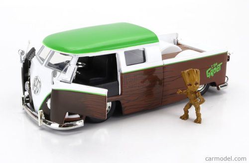 VOLKSWAGEN  T1 DOUBLE CABINE PICK-UP 1963 WITH GROOT FIGURE - GUARDIANS OF THE GALAXY  BROWN WHITE GREEN