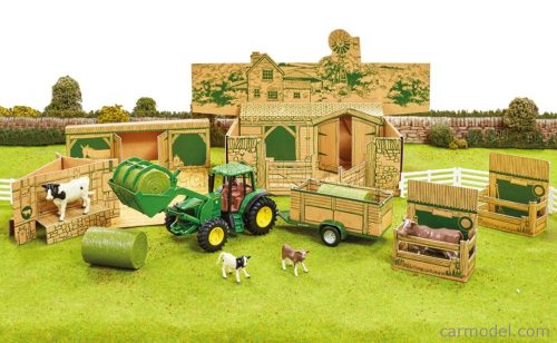 ACCESSORIES  DIORAMA FARM BUILDING WITH TRACTOR JOHN DEERE AND TRAILER  GREEN YELLOW