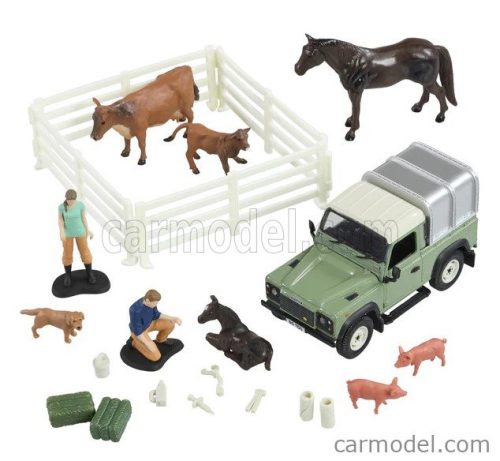 LAND ROVER  LAND DEFENDER 90 PICK-UP CLOSED WITH ANIMALS AND FIGURES 1984  GREEN SILVER