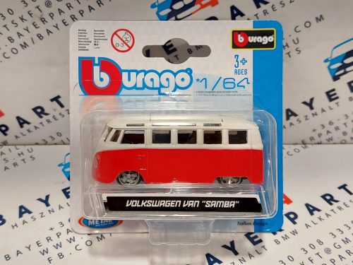 Volkswagen VW T1 transporter Samba Minibus - piros -  Burago - 1:64