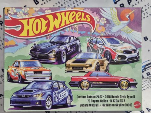 Hot Wheels Japan Theme - 6 darabos szett díszdobozban - Custom Datsun 240Z - 2018 Honda Civic Type R - 1970 Toyota Celica - Mazda RX-7 - Subaru WRX STi0 - 1982 Nissan Skyline R30 -  Hot Wheels - 1:64